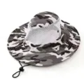 Detailed view of a camouflage boonie hat with breathable mesh and adjustable chin strap - One Size / Gray