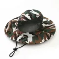 Detailed view of camouflage boonie fishing hat with mesh and adjustable chin strap. - One Size / Green White