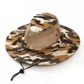 Detailed macro view of camouflage boonie hat with breathable mesh and adjustable chin strap - One Size / Coffee