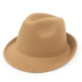 Detailed macro view of a classic camel brown wool felt fedora hat for men's winter - M (56-58cm) / Dark Khaki