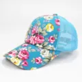 Floral print mesh baseball cap for women in turquoise blue for outdoor sun protection - Mesh Style / Adjustable / Sky Blue