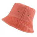 Side view detail of a washed denim bucket hat in orange-red for outdoor sun protection - One Size / Orange Red