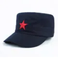 Close-up detail of a vintage navy blue flat top military cap featuring a red star embroidery - Adjustable / Navy Blue (Cotton)