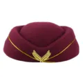 Classic burgundy air hostess beret hat with golden wheat emblem for stage performance - Burgundy