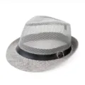 Detailed view of a breathable gray mesh fedora hat featuring a stylish black buckle band - One Size / Gray