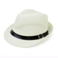 Detailed view of a breathable white mesh fedora hat with a black decorative buckle band - One Size / Cream