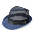 Breathable blue mesh fedora hat for men featuring black leather strap and metal buckle - One Size / Navy Blue
