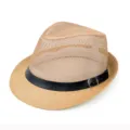 Breathable men's mesh straw fedora hat with a stylish black decorative buckle band detail - One Size / Khaki