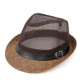 Elegant brown breathable mesh straw fedora hat for men with a black buckle band - One Size / Coffee