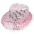 Detailansicht eines stilvollen rosa Pailletten-Fedorahutes für Partys und festliche Auftritte - Einheitsgröße 58cm / Rosa
