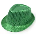Detailed shot of a stylish green sequined fedora hat for parties and stage shows. - One Size 58cm / Fruit Green