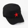Schwarze Vintage Militärmütze mit flachem Dach und gesticktem rotem Stern-Design - Verstellbar / Schwarz (Polyester)