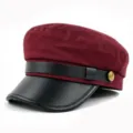 Elegant burgundy newsboy cap featuring a black leather visor and gold side button - M (56-58cm) / Burgundy