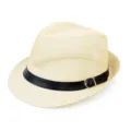 Cream breathable linen mesh fedora hat with elegant black belt buckle trim for men - One Size / Beige