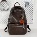 Vintage dunkelbrauner Kunstlederrucksack für Damen mit süßem Hunde-Plüschanhänger - Braun mit Anhänger
