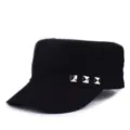 Fashionable black Korean style flat top hat featuring silver square studs sun protection cap - Triple Rivet Style / Black