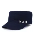 Navy blue flat top cadet cap with three silver square metal studs decoration - Triple Rivet Style / Blue