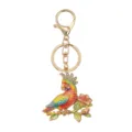 Exquisite colorful parrot keychain featuring sparkling rhinestones and floral branch detail - Red