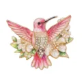 Colorful hummingbird brooch with white flowers and sparkling rhinestones on gold base - Pink