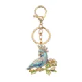 Elegant gold-tone enamel parrot keychain with floral branch and sparkly rhinestones decoration - Blue