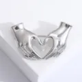 Silver heart gesture brooch, minimalist hands forming heart shape sweater pin accessory. - Silver