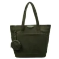 Large capacity dark green corduroy tote bag featuring a small matching round pouch - Main Bag and Round Pouch / Green
