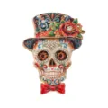 Farbenfrohe mexikanische Tag der Toten Totenkopf-Brosche mit Zylinder und Blume - bunt