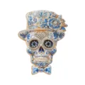 Vintage Mexikanische Tag der Toten Totenkopf Brosche mit Zylinder und blauen Blumen - Blau-weißes Porzellan