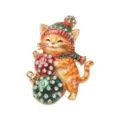 Festive Christmas cat brooch featuring colorful enamel and sparkling rhinestones on white - Orange Striped Cat Style