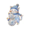 Cute Christmas cat brooch with blue porcelain pattern and sparkling white rhinestones. - Blue and White Porcelain Cat Style