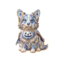 Vintage Blau-Weiß Emaille Halloween Corgi Brosche mit Kürbis-Laterne Anhänger - Blau-weißes Porzellan