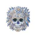 Intricate Day of the Dead sugar skull brooch with blue floral details and green crystal eyes - Blue and White Porcelain