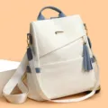 Elegant white and blue soft leather anti-theft backpack for women with tassel charm - L / White and Blue