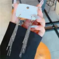 Close-up of elegant long silver multi-layer tassel earrings with fine chain detail - Multi-Layer Metal Chain Tassel Style (E3436) / Silver