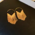 Detail view of elegant gold-toned V-shaped tassel earrings featuring fine metal chain fringes - V-shaped Polished Plate Fine Wire Tassel Style (E3128 Gold) / Gold