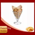 Detailed view of a silver plated cone-shaped snack stand for French fries and fried chicken - Silver
