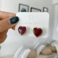 Vintage dark red heart stud earrings with gold-tone borders on a white display card - Wine Red Heart Style (E0228)