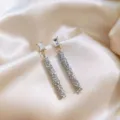 Elegant long drop earrings with rectangular crystals and sparkling silver beaded tassels - Long Crystal Tassel Style (E0198)