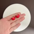 Vintage style red enamel globular hoop earrings with elegant gold-tone finish for women - Clasp Back / Bright Red (E3036 Big Red)