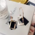 Elegant geometric hoop earrings with gold rectangle and black square dangle pendant - Geometric Block Style (E0211) / Gold