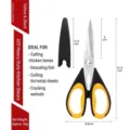 Detailed view of multi-functional stainless steel kitchen scissors with dimension marks - Yellow