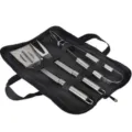 Tragbares BBQ Grillbesteck-Set mit Edelstahl-Wender, Gabel und Zange in schwarzer Tasche - Dreiteiliges Set