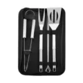 Tragbares 3-teiliges Edelstahl-Grillbesteck-Set mit Wender Gabel und Zange in schwarzer Tasche - 7-teiliges Set