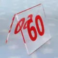 Double-sided acrylic table number 60 sign with V-shaped transparent design - Red Number Plate / Clear (Red Text)