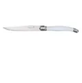 Stainless steel steak knife with white plastic handle, classic French table knife design. - White