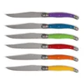 Set of six Laguiole style steak knives with vibrant multi-colored handles and steel blades - Mixed 6 Pieces