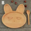 Niedliches geteiltes Kinderteller-Set aus Buchenholz in Hasenform mit passendem Holzlöffel - Wütender Hase / 20x20x2cm (Mit Löffel)