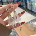 Elegant long tassel drop earrings with white flower petals and micro-set zircon crystals - Square Tassel Style (E3107) / Gold/White