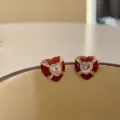 Elegant red heart-shaped enamel stud earrings with sparkling crystal accents for women - Enamel Heart Rhinestone Style (E3498)