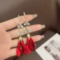 Elegant long drop dangle earrings featuring vibrant red petals and micro-paved clear cubic zirconia - Wheat Ear Tassel Style (E3319) / Gold/Red